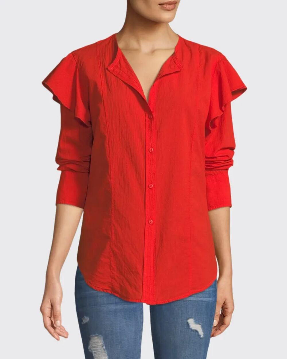 Current / Elliott The Asley Poplin Ruffle Shirt Poinciana Red Button-Up L/S 0 XS